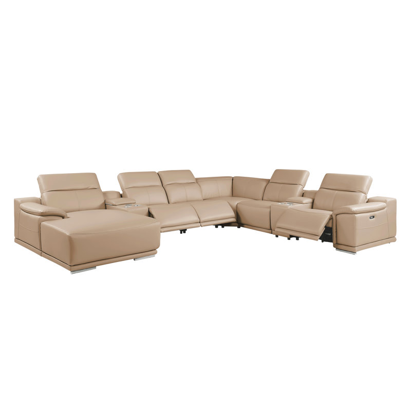 Canapé modulaire en L en cuir véritable 8 pièces beige avec 3 fauteuils inclinables électriques et appuis-tête réglables