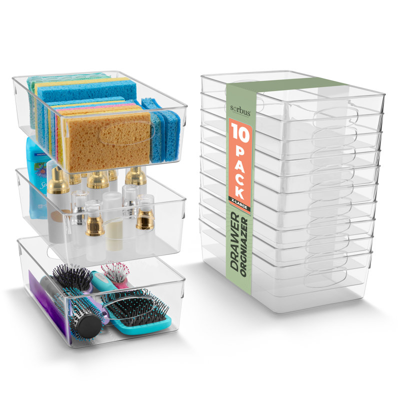 Sorbus 10 Pack Narrow Clear Plastic Storage Bins with Handles for Shelves, Extra Large, 3.25" H x 7.5" W x 11.75" D