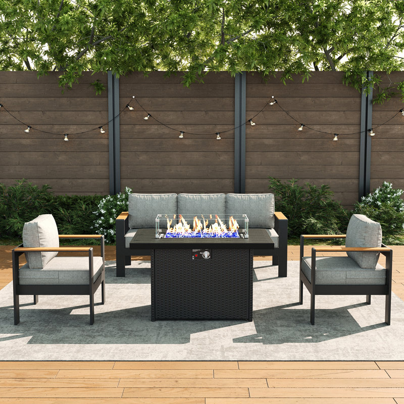 Outdoor Aluminum Furniture Set with Fire Pit Table, Modern Patio Conversation Sets for Porch, Backyard, Light Grey