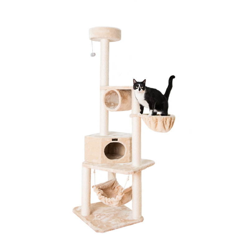 Beige Multi-Level Faux Fur Cat Tree with Sisal Posts