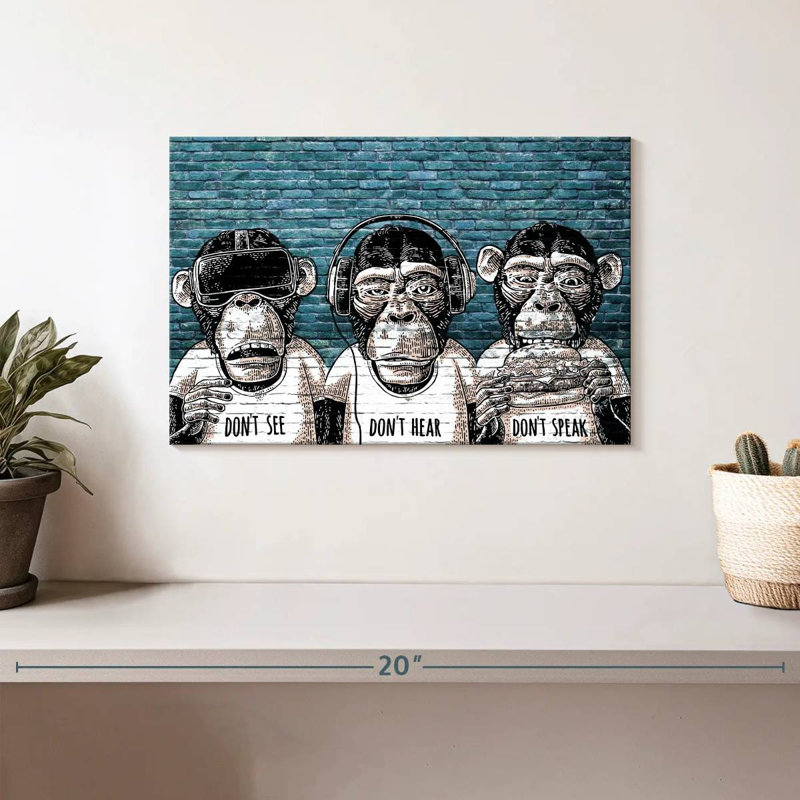 Trois singes sur toile, H 8 po x l 12 po x P 1 po