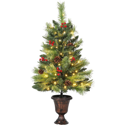 2ft Small Artificial Christmas Tree with 40 Warm White LED Lights, Pine Cones & Red Berries for Tabletop Indoor Outdoor Holiday Decor