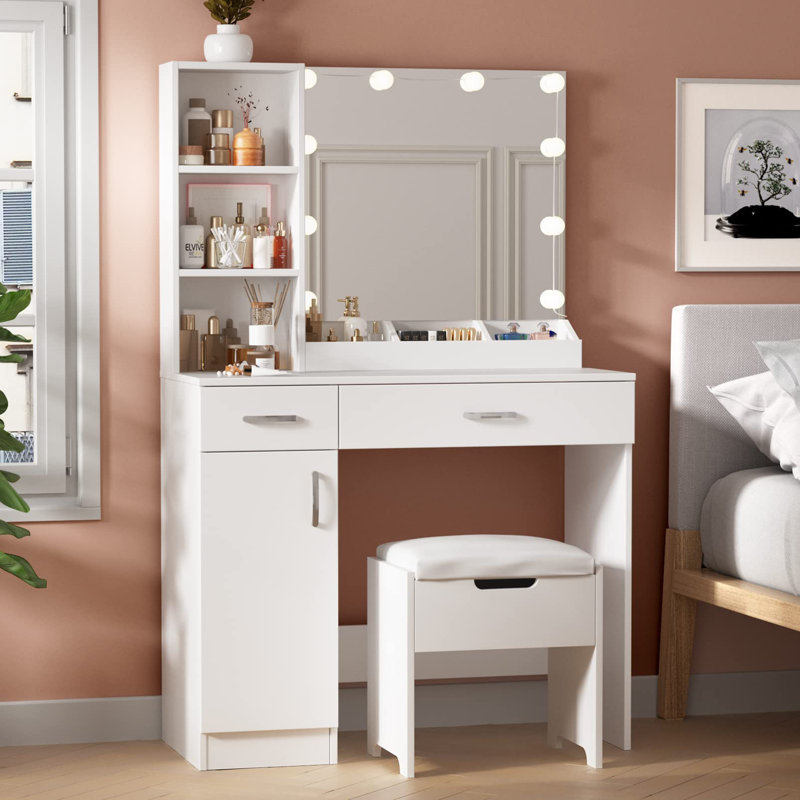 35.4'' Wide Vanity Set with Stool and Mirror, White
