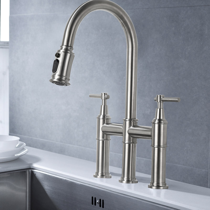 Brushed Nickel Kitchen Bridge Faucet With Pull-Down Spray, Dual Handle For Smooth Flow & Temperature Control, 360 Rotating High Nozzle, Brass, Steady Splash- Aerator In Nickel, Feature Incorporated,