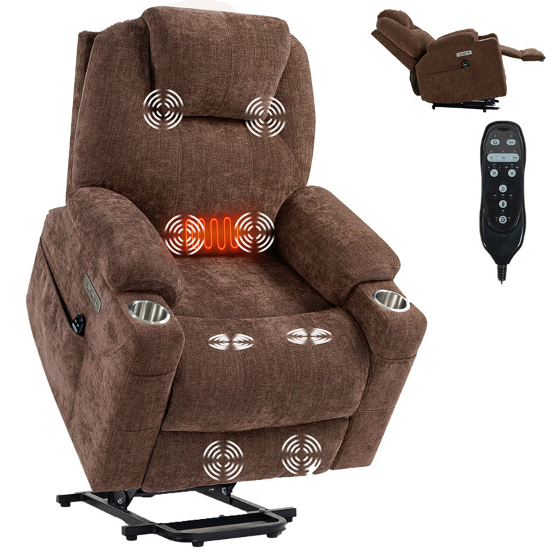 Up to 350 LBS Chenille Power Lift Recliner Chair, Heavy Duty Motion Mechanism with 8-Point Vibration Massage and Lumbar Heating, USB and Type-C Ports, Stainless Steel Cup Holders