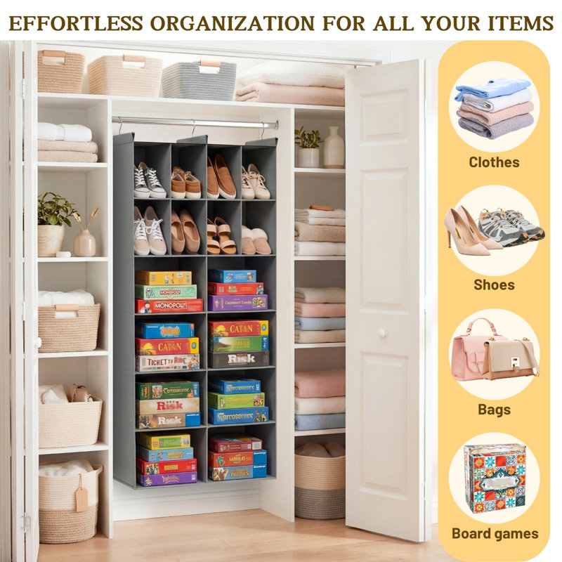 Organisateur de penderie à 6 niveaux, organisateur de chandail à 16 compartiments pour le placard avec 3 crochets robustes, organisateurs de placard et rangement, garde-robe, véhicule récréatif, support à vêtements, gris