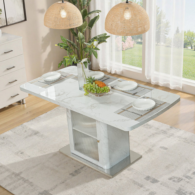 Table de salle à manger rectangulaire moderne de 47,24 "à 63", extensible, avec plateau en marbre blanc imprimé et pieds de table de rangement avec base en métal