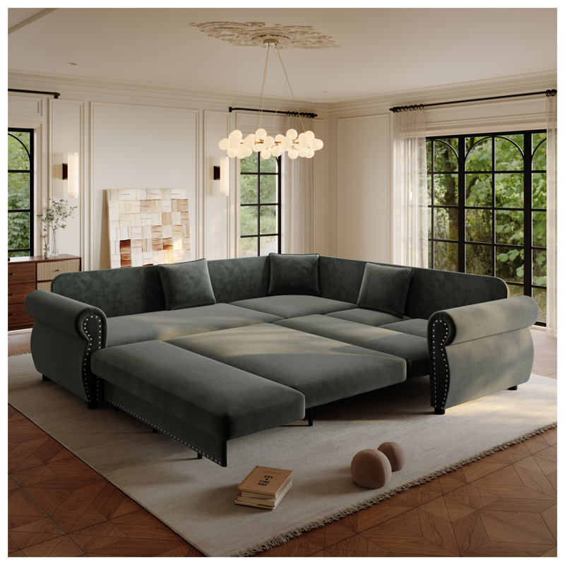 Canapé d'angle convertible en L de 224 cm (88,2 po) avec lit gigogne deux places, revêtement en chenille, accoudoirs arrondis et garniture cloutée, gris foncé