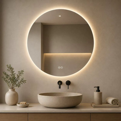 32" x 32" Round Frameless LED Backlit Bathroom Mirror with 3 Color Temperatures, Dimmable Light, Anti-Fog Touch Control, and Shatter-Resistant Glass