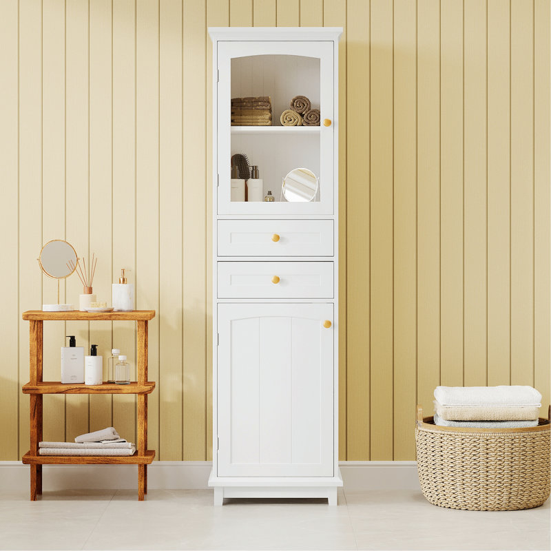 Armoire de rangement élégante pour salle de bain, armoire de rangement haute avec portes en verre, armoire de salle de bain autoportante avec tiroirs et tablettes réglables