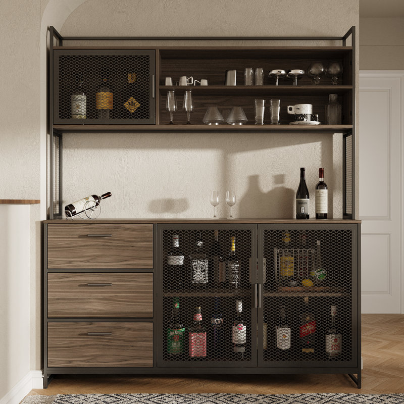 Industrial Bar Cabinet With Wire Doors & 3 Drawers, Brown
