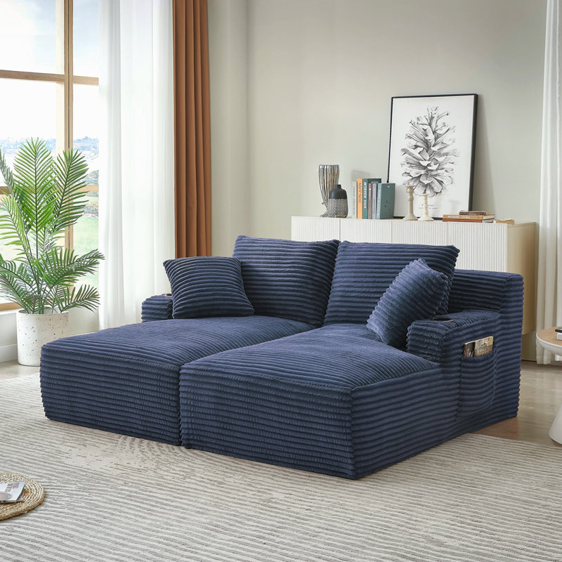 Compressible Double Chaise Lounge With Cupholders - No Assembly Required, Fluffy Modern Sleeper Loveseat For Indoor Living Room Bedroom Reading