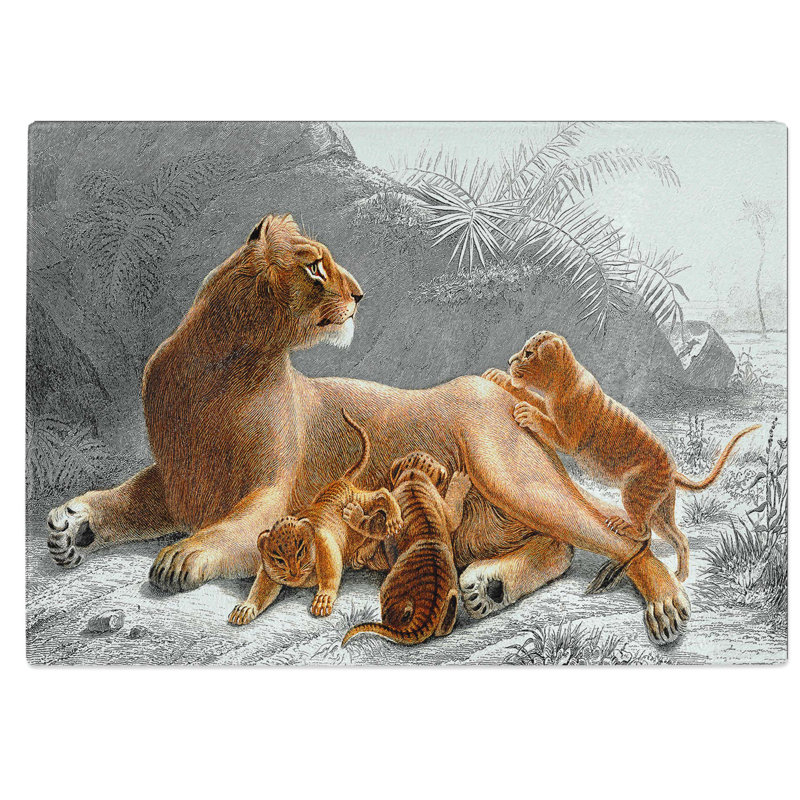 Tempered Glass African Lion with Cubs Chopping Board, 28.5 cm W x 20 cm L