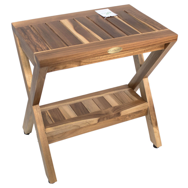Tabouret de douche en teck Zen EcoDecors 18 po avec tablette en teck Obliquity-X