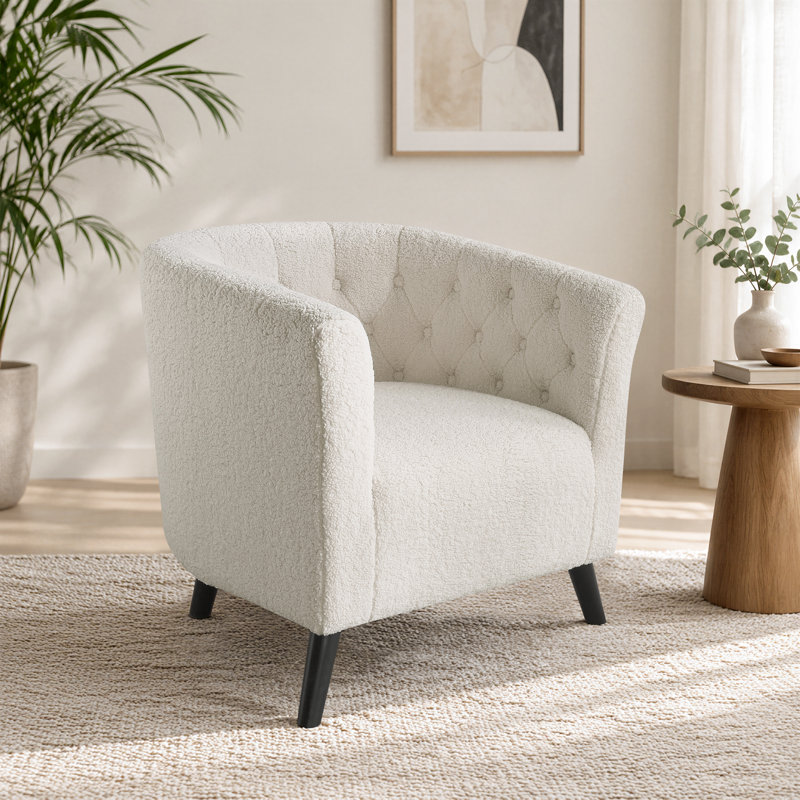 Gerdeen 26.77" Wide Tufted Teddy Velvet Upholstered Barrel Chair with Wooden Legs, Light Beige