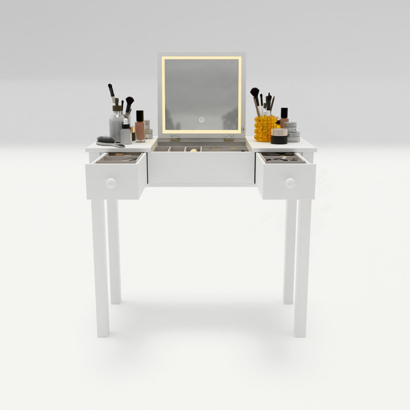 Bureau de coiffeuse multifonctionnel avec éclairage réglable à 3 niveaux avec miroir rabattable et rangement Table de maquillage profonde 15,75 po 2 tiroirs et 3 boîtes de rangement amovibles Bureau de bureau compact blanc