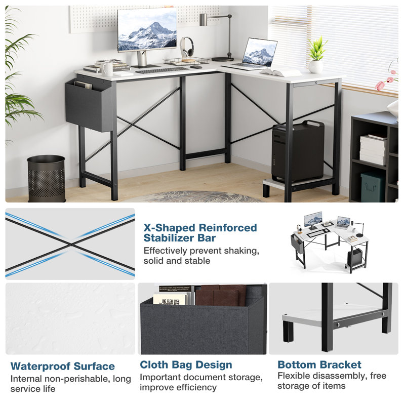 2-Set L-Shaped Computer Desk with Desk Monitor Stand and Side Storage Bag, White