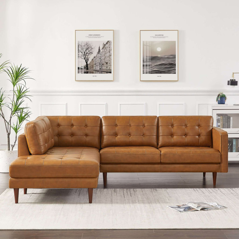 Lucco Genuine Leather Sectional In Cognac Tan, Left Hand Facing