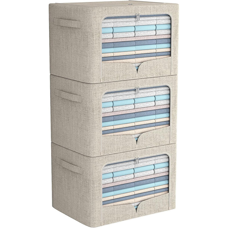3 Pack Clothes Storage Bins Foldable Metal Frame Storage Box Stackable Linen Fabric Organizer Set With Carrying Handles And Clear Window