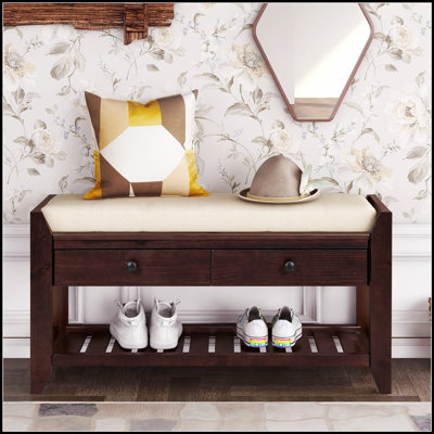 Multipurpose Storage Bench with Cushioned Seat & Drawers – Entryway Shoe Rack, Solid Wood, Gridded Shelf