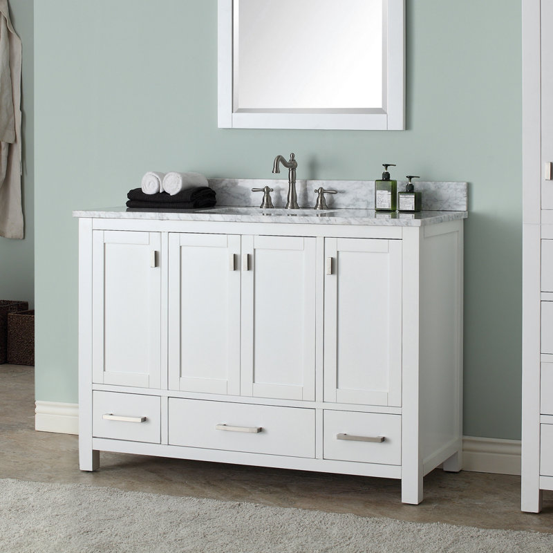 Modero 48" Single Bathroom Vanity with Top, Carrera White Marble, White, Brushed Nickel