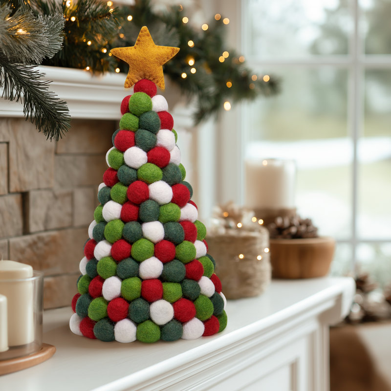  Arbre de Noël en laine feutrée à la main MODWOOL 12 po (tons de Noël), Blanc / vert / rouge / jaune