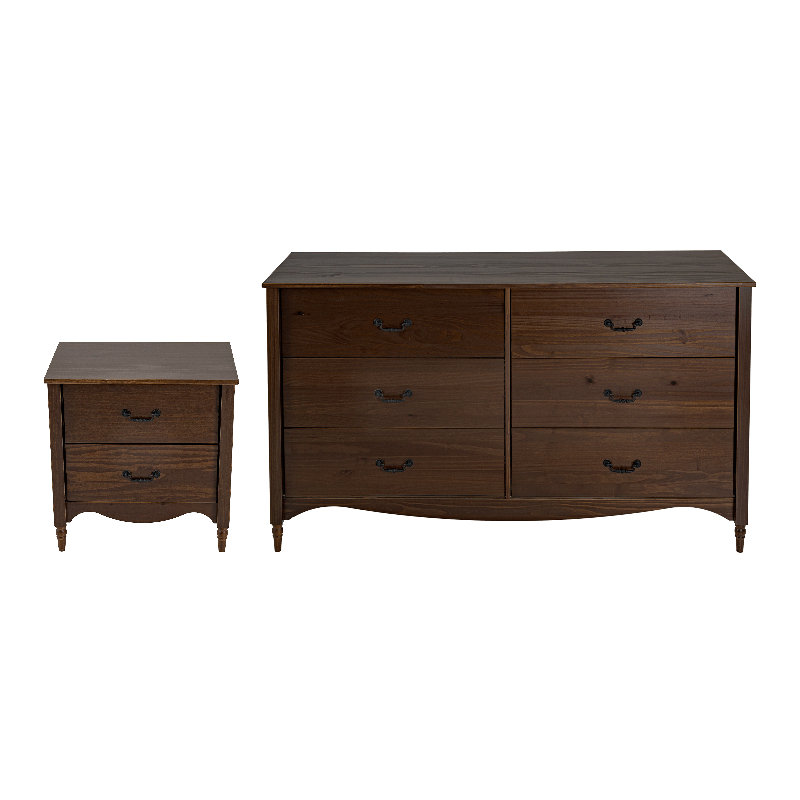 Ensemble de chambre à coucher 2 pièces en bois massif Brixton avec commode à 6 tiroirs et table de chevet à 2 tiroirs