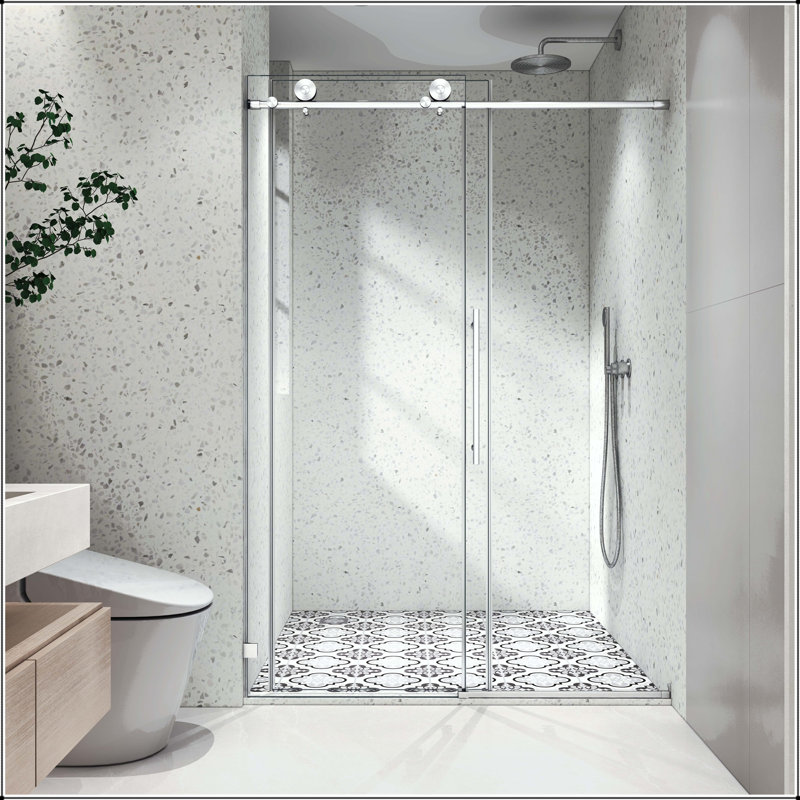 Une porte de douche fixe et une porte coulissante sans cadre avec verre trempé de 8 mm, fermeture douce réglable et Nano Easy-Clean