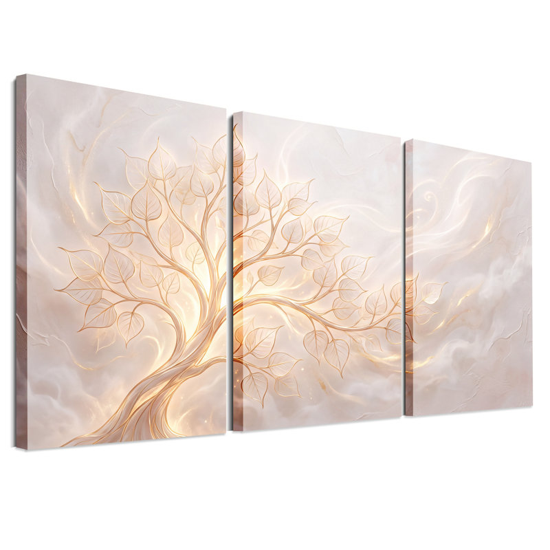 Arbre doré lumineux sur fond crème tourbillonnant - Ensemble de 3 toiles murales, 36"H x 24"W x 3pcs
