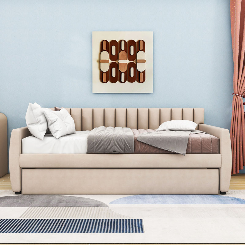 Lit de jour double rembourré en velours avec couchette coulissante et dossier à rayures verticales, Beige