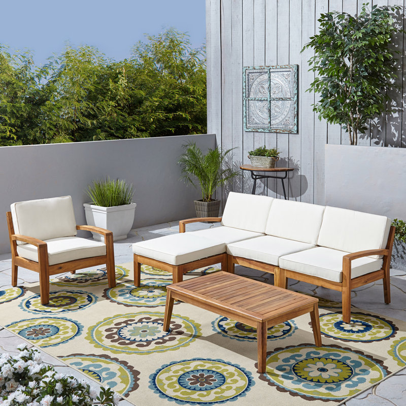 Ensemble de conversation modulaire avec coussins 6 pièces Sait, Structure teck / coussin beige