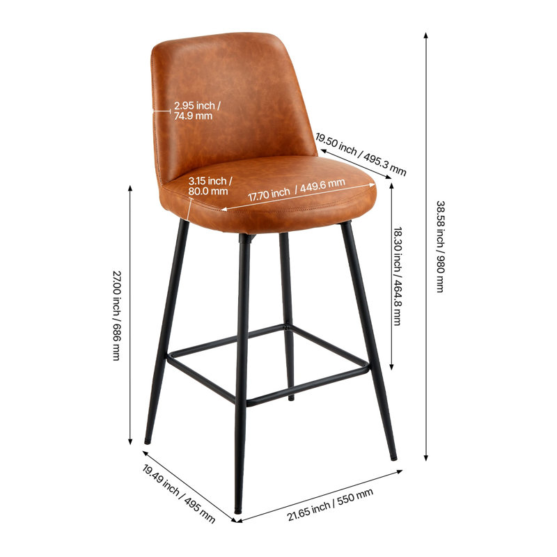 Ensemble de 3 tabourets de bar pivotants modernes - 27 pouces de hauteur de comptoir en cuir de polyuréthane avec dossier et pieds en fer, brun
