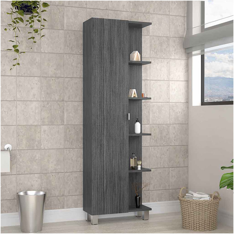 Armoire de coin, cinq tablettes ouvertes, une porte, finition chêne fumé, Gris