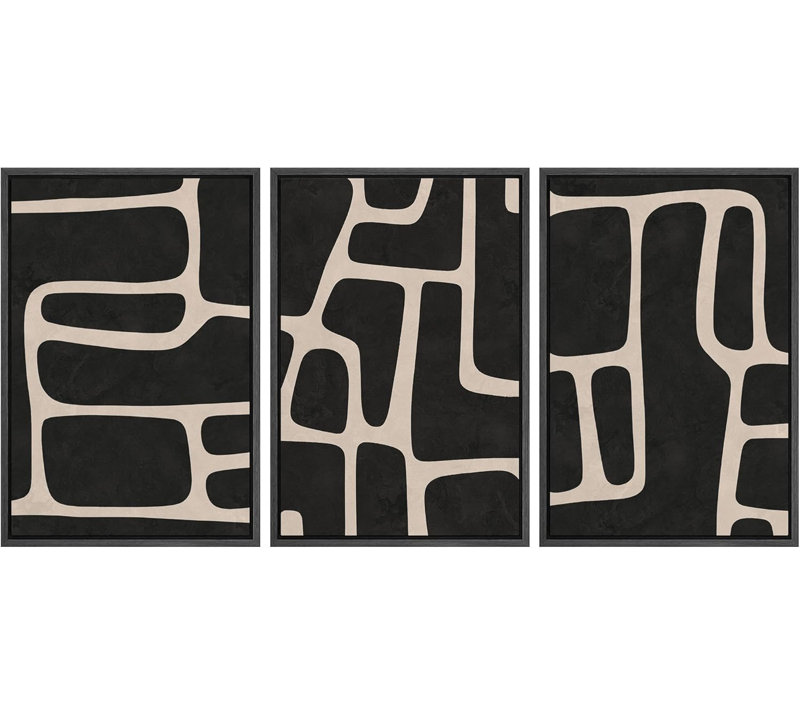 «Mid Mid Century Shape Black Abstract Geometric Neutral», reproduction d'art encadrée, H 36 po x l 72 po, Noir