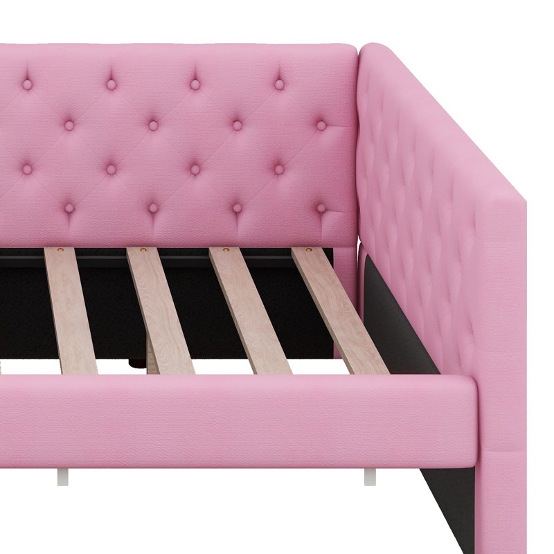 Full XL Size Upholstered Daybed With Pull-Out Trundle Bed, L Shaped Corner Sofabed Frame With Tufted Design Backrest, Pink