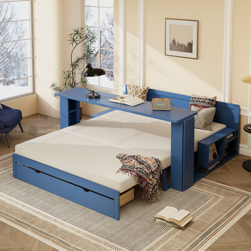 Daybed With Removable Desk, Storage Drawers & Hydraulic Side Table, Blue, Queen