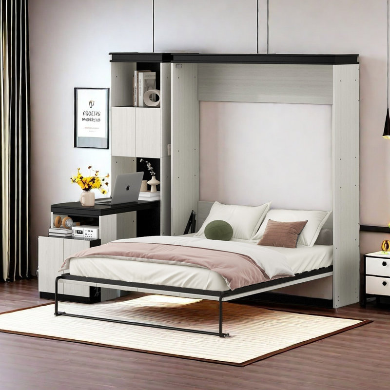 Lit escamotable double avec bureau, tablettes et armoires de rangement, noir et blanc