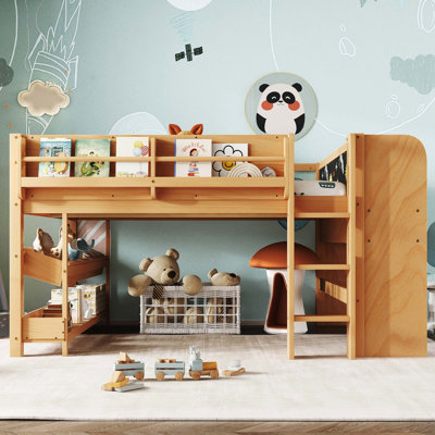Lit mezzanine double pleine grandeur en bois massif avec bibliothèques, boîtes et tiroirs, lit mezzanine avec bureau et tableau noir, aucun sommier nécessaire, naturel