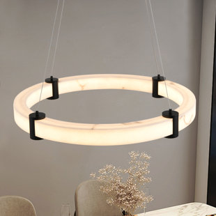 Modern LED Pendant Light, 24-Inch Round Hanging Chandelier Imitation Marble Finish Resin Ring Ceiling Light