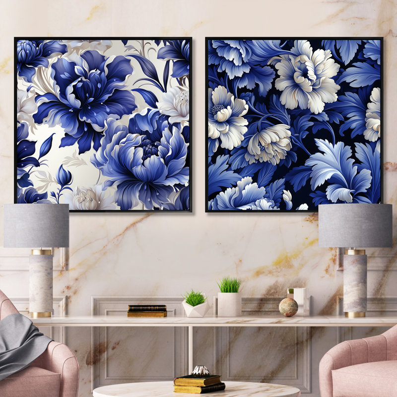 Motif damassé cobalt bleu victorien - ensemble de collage carré floral, Cadre flottant noir, H 16 po x l 33 po