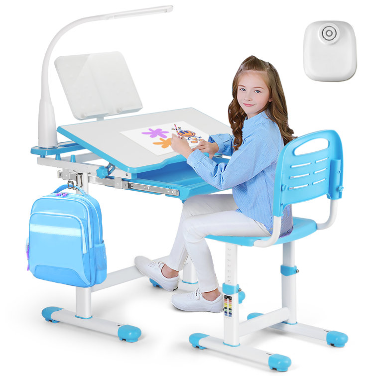 Kids Study Desk and Chair Set Height Adjustable, Ergonomic Children Study Table with Tilt Desktop, School Workstation Writing Functional Desk with