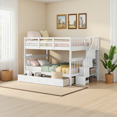 Lit superposé en escalier avec tiroir, rangement et garde-corps pour chambre à coucher