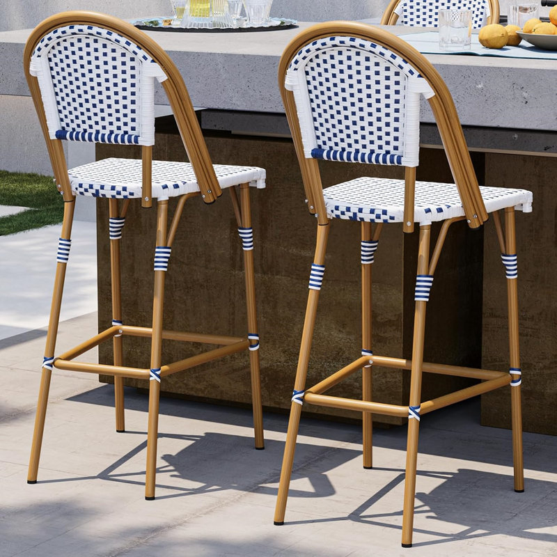 Ensemble de 2 tabourets de bar français avec repose-pieds, brun, bleu et blanc