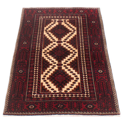 Tapis crème / rouge unique de 3 pi 3 po x 5 pi 10 po années 1990