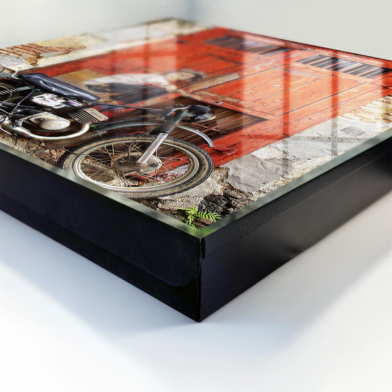 Decorative key box for wall, Opens to the left, 30x30x5, Black, Red door with a painting and a motorcycle, 