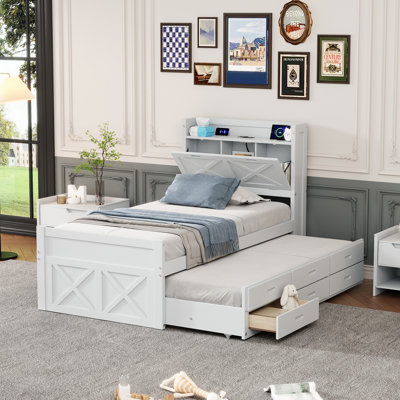 Lit simple en bois avec tête de lit avec prises de courant, lit extensible avec lit gigogne simple avec trois tiroirs de rangement