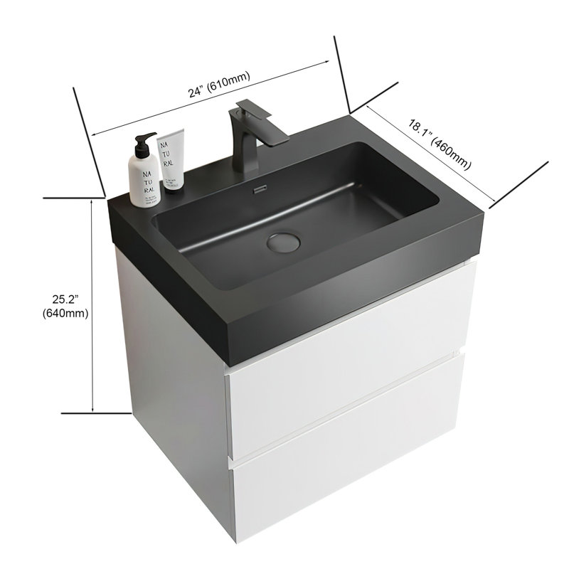 Grand meuble-lavabo mural avec rangement Modern, Blanc, Noir, noir, noir, noir
