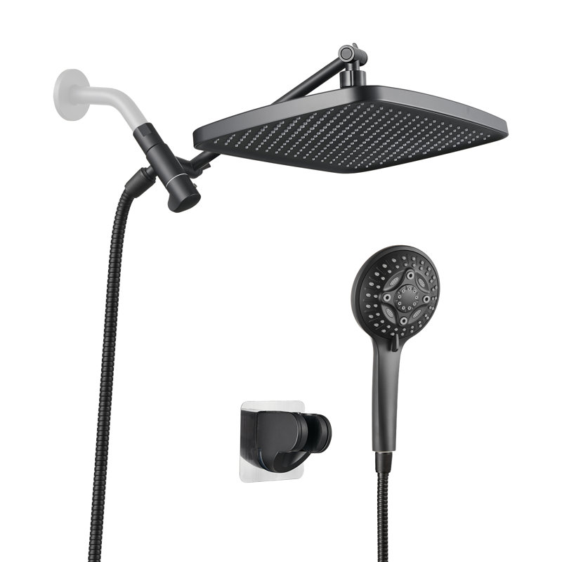 12-Inch Rain Dual Shower Head with Extension Arm Combo with 8-Spary Multifunction Handheld Spray Matte Black, Matte Black