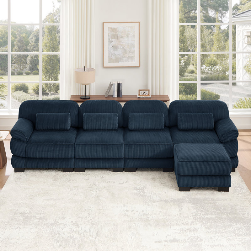 Canapé modulaire en L surdimensionné en forme de L Cloud Couch, canapé 4 places avec repose-pieds, coussins de siège confortables et épais, tissu en velours côtelé respirant, bleu pour le salon
