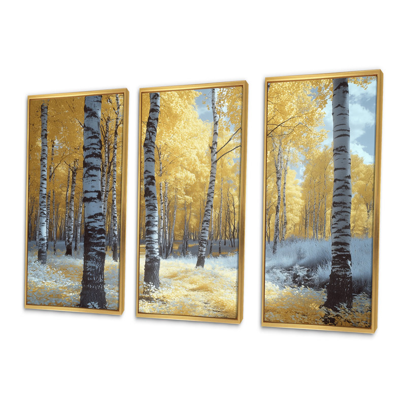 Ensemble de décorations murales forêt de bouleaux jaunes - Forêt I, Toile avec cadre flottant or, H 28 po x l 36 po x P 1 po